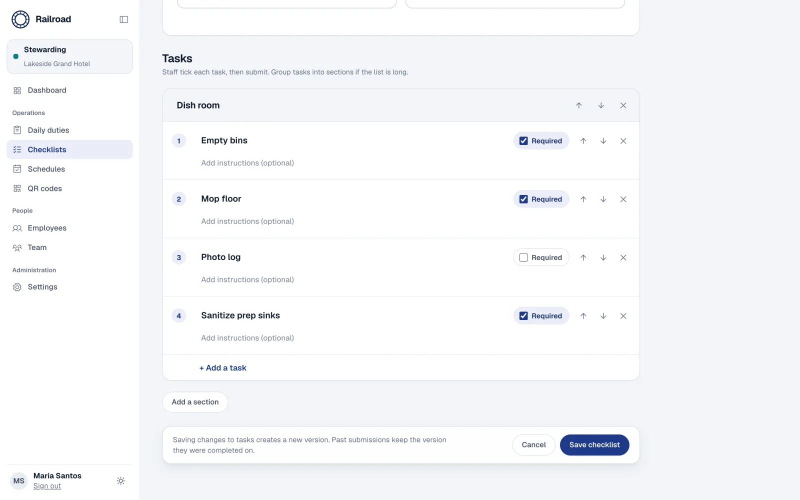 The checklist builder for Dishroom Closing: four numbered tasks with required toggles and reorder controls.