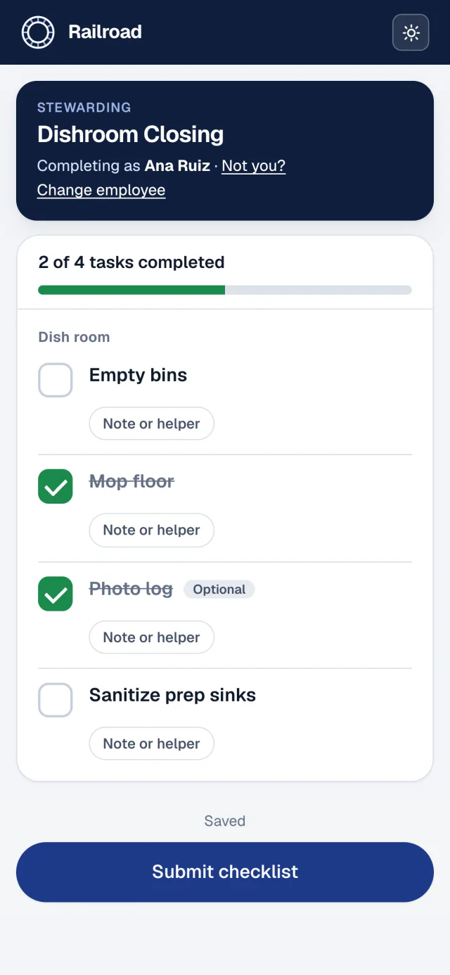 A phone showing the Dishroom Closing checklist with two of four tasks ticked and a Submit checklist button.