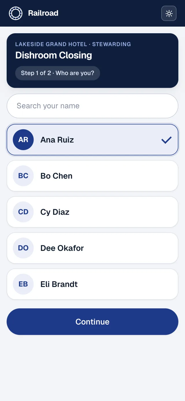 A phone asking Who are you, with a searchable list of employee names.
